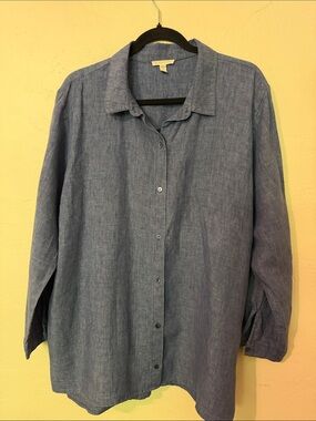 Eileen Fisher Relaxed Chambray Button-Down Shirt - Organic Linen Blue XL